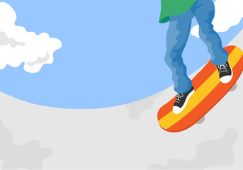 Vector illustration of close-up feet riding a skateboard under a sunny blue sky with clouds