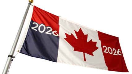 Canadian flag with maple leaf and 2026 isolated on transparent background