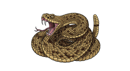 An illustration of a coiled diamondback rattlesnake with its mouth open and tongue flicking.