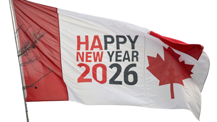 Happy new year 2026 flag isolated on transparent background for celebration