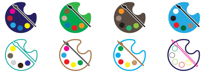 palette and paint brush. artist palette design silhouette vector illustration. Black silhouette icons of painting tools. Painting line icon set with artist palette. 