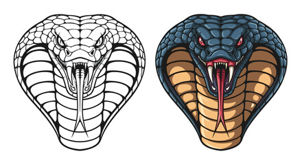 The menacing head of a cobra snake with its hood flared and fangs bared in a fierce display.