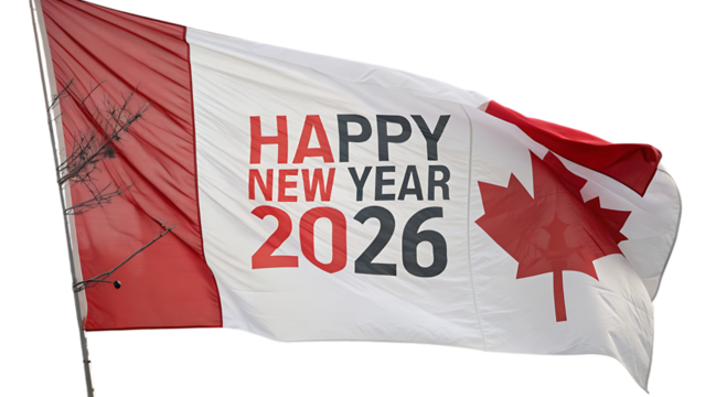 Happy new year 2026 flag isolated on transparent background for celebration