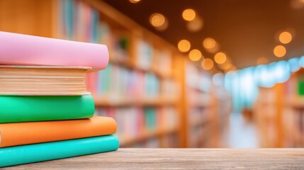 Colorful books stacked in a library with blurred shelves in the background