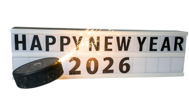 Happy new year 2026 message with hockey puck isolated on transparent background