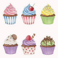 Watercolor Cupcake Collection with Colorful Frosting and Chocolate Topping
