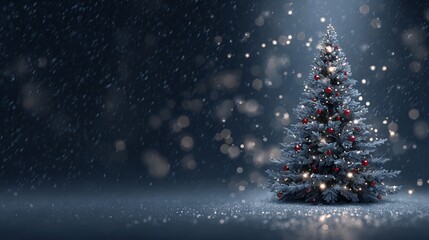 Fototapeta premium Festive Christmas background with decorated Christmas tree glowing fairy lights soft golden bokeh and generous copy space winter holiday backdrop for greeting cards web banners and New Year designs