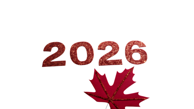 Sparkling red 2026 numbers with a matching maple leaf isolated on transparent background