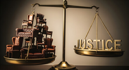 Balancing Scales with Chairs and Justice Word on Gold Plate Conceptual Image