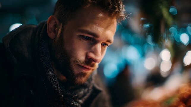 Close up portrait of a thoughtful man with a beard looking down amidst blurred festive lights at night