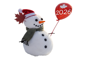 Festive snowman holding a balloon with 2026 isolated on transparent background