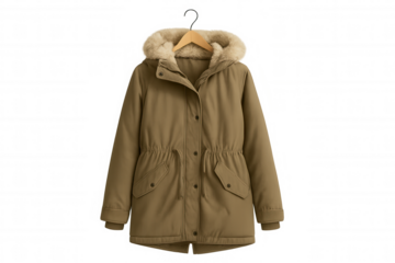 Khaki green parka jacket with fur-lined hood hanging on wooden hanger, seasonal winter outerwear