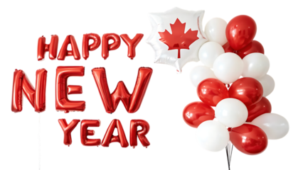 Happy new year balloons isolated on transparent background with canadian flag