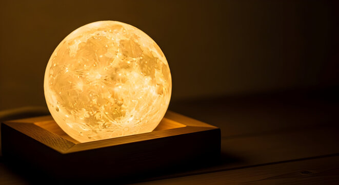 Illuminated Moon Lamp on Wooden Base in Dark Room Creating Cozy Atmosphere