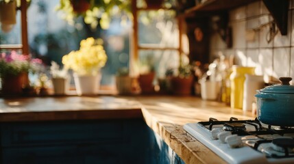 Rustic kitchen with sunlight and potted plants creating a cozy atmosphere