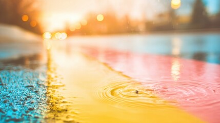 Colorful reflections on wet pavement in a city during sunset hours