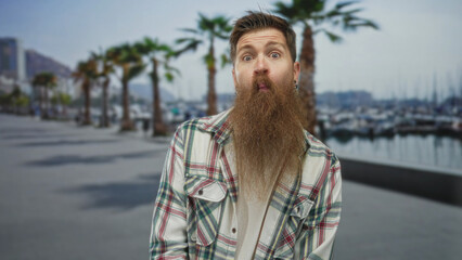 Man with long beard wearing plaid shirt opens mouth in wide eyed expression on street by marina...