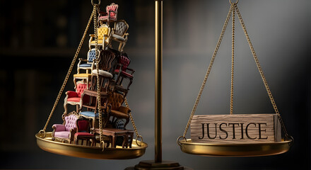 Scales of Justice Balancing Small Colorful Chairs and Wooden Justice Sign in Dark Background