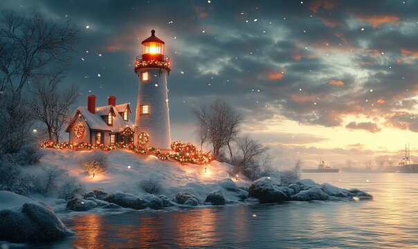 Picturesque winter scene of a lighthouse and cottage decorated for Christmas - Powered by Adobe