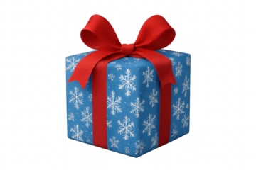 Christmas gift box with red ribbon and snowflakes