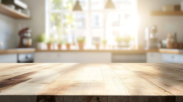 Wooden Tabletop with Blurred Modern Kitchen Background and Sunlight Streaming Through Window