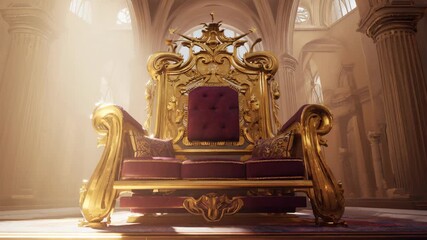 Majestic golden throne in palace interior with dramatic sunlight, symbolizing royalty, power, history, medieval culture, luxury design, authority, fantasy storytelling, artistic majestic inspiration. - Powered by Adobe