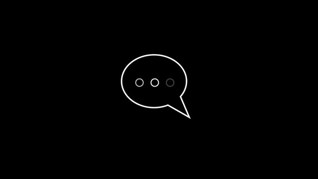Minimalist white speech bubble icon with three pulsating dots representing typing or thinking on a black background