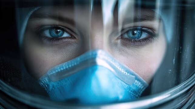A medical professional, gazing intently, wears protective gear for safety. Focus on eyes expressing determination and care