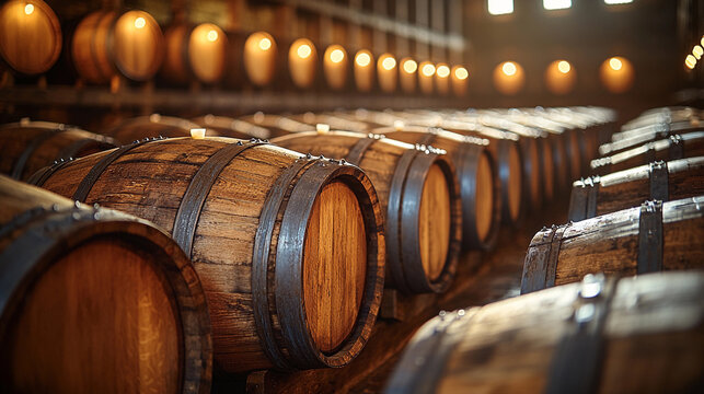 Rows of oak whiskey barrels in a distillery setting Generative AI - Powered by Adobe