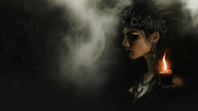 Gothic woman holding candle with dark, mystical background