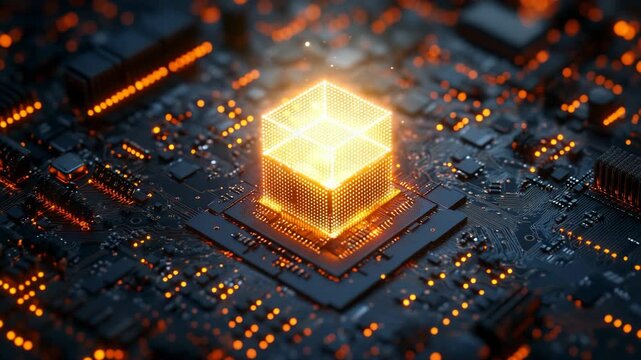 Glowing digital cube emerging from microchip surface with orange circuits and lights, artificial intelligence, innovation, data technology, computing power, future electronics digital transformation.