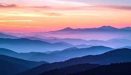 Vibrant Sunset Over Mountain Ranges with Pixelated Effect and Gradient Color Sky in Shades of Orange, Pink, Purple and Blue for Dreamy and Artistic Feel