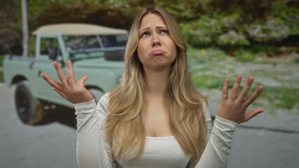 Blonde caucasian woman with long hair shrugs with open palms up in lush green park; confusion...