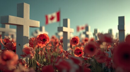 Tribute to Remembrance Day with poppy flowers and Canadian flags