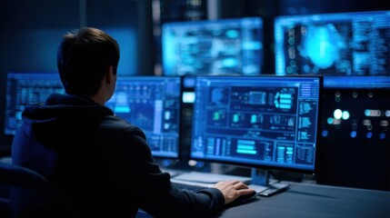A person working at a computer with multiple screens displaying technical data