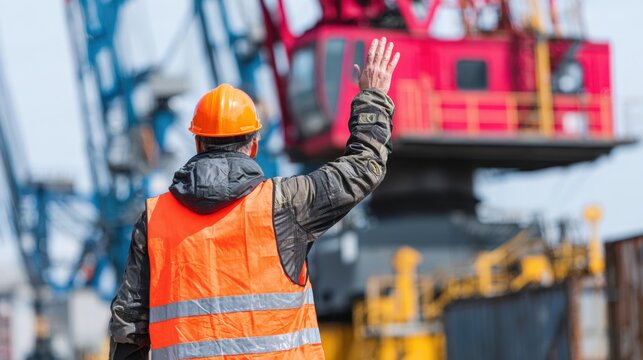 A worker wearing an orange safety vest and helmet, waving hand near large industrial crane at port - Powered by Adobe