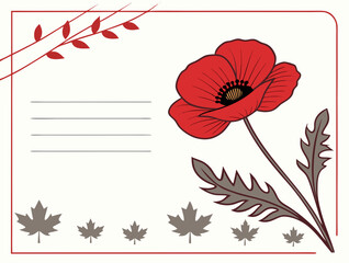 Poppy flower design for Remembrance Day card or poster with Canadian maple leaves illustration