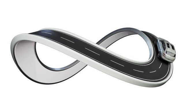 In this image, a car is seen driving on a road shaped like the infinity symbol. The scene represents an endless journey and continuous motion.
