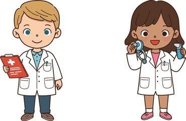 Cartoon doctor with clipboard, cartoon nurse with stethoscope, children medical roleplay, healthcare education, hospital theme, professional illustration, medicine, safety, vector design