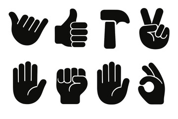 Fototapeta premium Brutalist Tool Icons. DIY Workshop set of icons silhouette. Wrench, hammer, saw, screwdriver, tape measure, level, nails, toolbox, Hand Gestures set of icons silhouette. Shaka