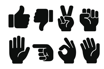 Obraz premium Brutalist Hand Icons. Hand Gestures set of icons silhouette. Thumbs up, thumbs down, peace sign, fist, open hand, pointing finger, OK sign, waving hand