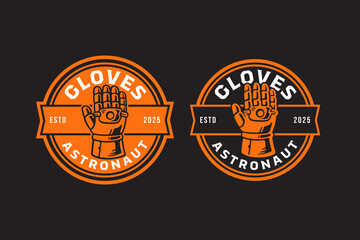 Astronaut gloves retro badge logo vector design set for technology, space gear, galaxy explorer. Cosmonaut mitten, cyber sci fi robot hand vintage emblem patch logo graphic pack. Vector illustration