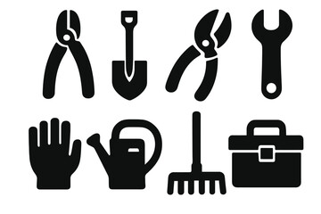 Fototapeta premium Bold Garden Tools Icons. Garden Repair Kit set of icons silhouette. Pliers, shovel, pruning shears, wrench, gloves, watering can, rake, toolbox
