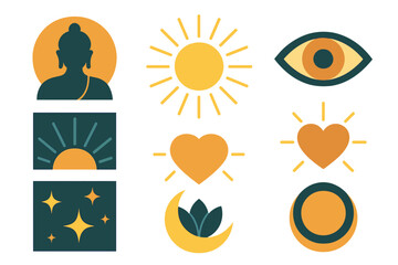 Bodhi Day Icons Collection. Symbolic Bodhi Day set of icons in geometric flat vector. Enlightened Buddha silhouette, radiant halo, open eye, rising sun, glowing heart, unity circle