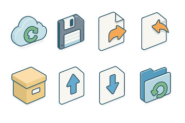 Isometric File Management Icons. File Management set icons in flat vector style. Backup, save, export, import, archive, upload, download, restore
