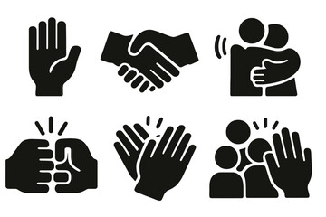 Fototapeta premium Brutalist Social Icons. Social Interaction set of icons silhouette. Raised hand, handshake, wave, hug, fist bump, clapping hands, group of people, high five