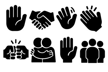 Fototapeta premium Bold Social Icons. Social Interaction set of icons silhouette. Open palm, handshake, wave, clapping hands, fist bump, hug, raised hand, group of people