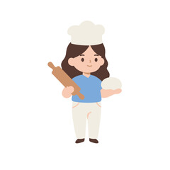 Cute Style Full Body Chef Girl Holding Dough and Rolling Pin