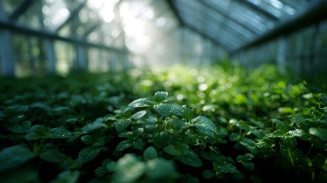 Sunlit greenhouse filled with lush young green plants highlighting healthy growth and a vibrant natural atmosphere