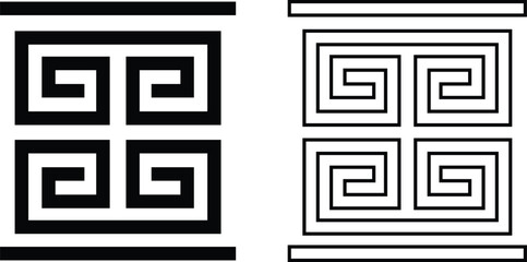Greek key border icon set in flat and outline styles. Ancient meander pattern symbol, geometric frame design elements, seamless ornamental art decoration and classic greek design vectors illustration.